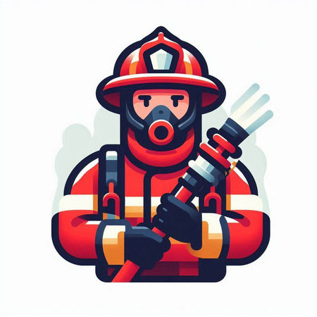 Firefighter vector illustration. Fireman character with fire hose, helmet and axe.のイラスト素材