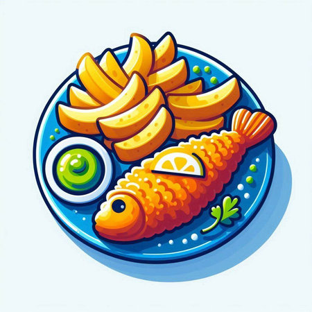 Fried fish and chips on a blue plate. Vector illustration.のイラスト素材