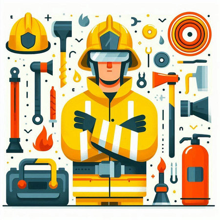 Firefighter with tools and equipment. Vector illustration in flat style.のイラスト素材