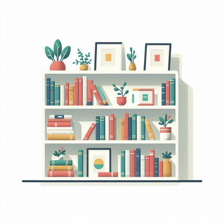 Illustration of bookshelves with books and decorations on white backgroundのイラスト素材