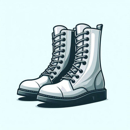 Pair of white leather boots isolated on blue background. Vector illustration.
