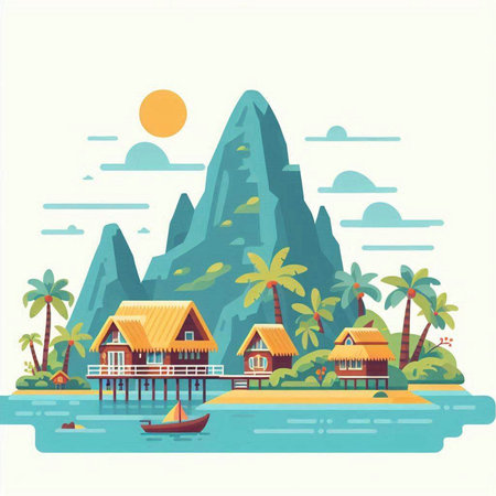 Tropical island with bungalows and palm trees, flat vector illustrationのイラスト素材
