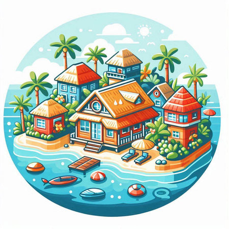 Vector illustration of tropical island with palm trees, bungalows, sea and housesのイラスト素材
