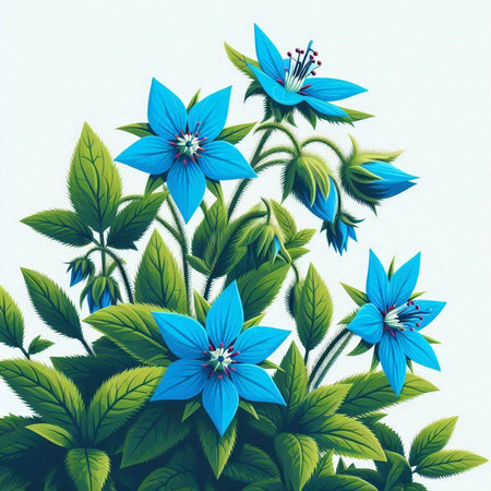 Illustration of blue flowers on a white background. Digital painting.のイラスト素材