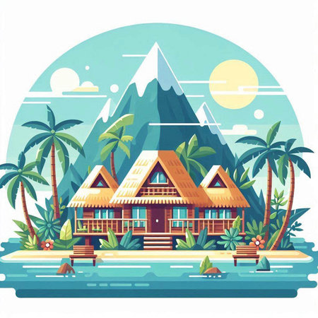 Bungalows on the beach. Vector illustration in flat styleのイラスト素材