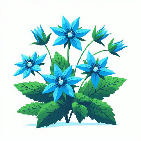 Blue flowers with green leaves isolated on white background. Vector illustration.のイラスト素材
