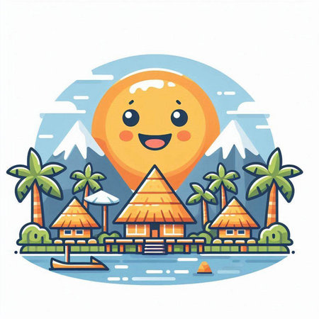 Vector illustration of cute cartoon character with coconut tree on the background of the sea and mountainsのイラスト素材
