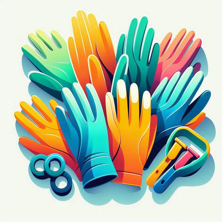 Vector illustration of a group of colorful rubber gloves and tools on white backgroundのイラスト素材