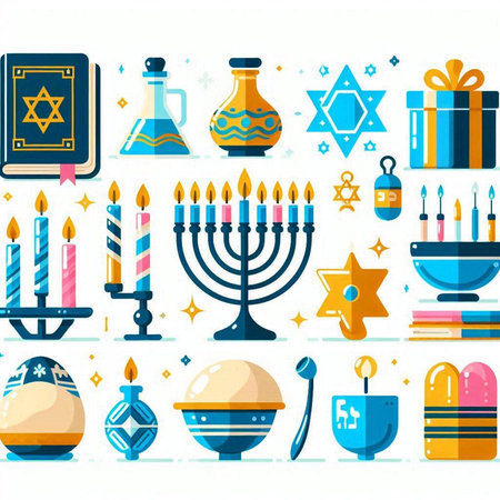 Jewish holiday Hanukkah flat icons set. Vector illustration.のイラスト素材