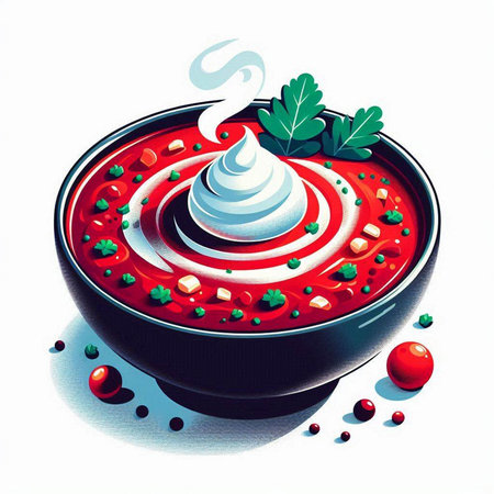 Vector illustration of a bowl of tomato soup with cream and parsleyのイラスト素材