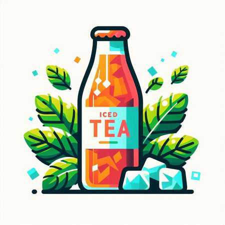 Bottle of beer with ice cubes and leaves. Vector illustration.のイラスト素材