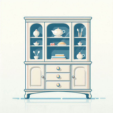 Vintage cupboard with cups and saucers. Vector illustration.のイラスト素材