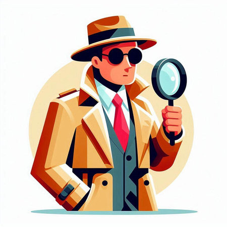 Vector illustration of detective with magnifying glass. Detective in hat, coat and glasses.のイラスト素材