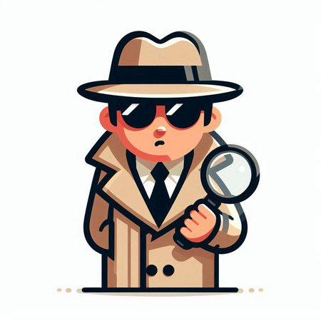 Cartoon detective with magnifier. Vector illustration in flat style.のイラスト素材