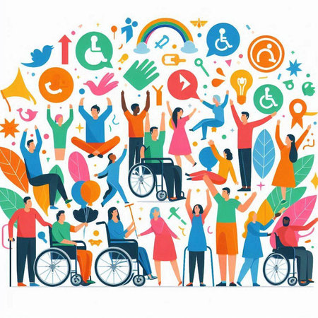 Disabled people vector illustration. Handicapped people in different poses and attitudes.のイラスト素材