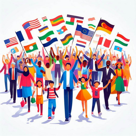 Crowd of people holding flags of different countries. Vector illustration.のイラスト素材