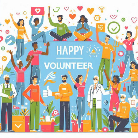 HappyVolunteer Day Poster. Group of People Holding Hands. Vector Illustrationのイラスト素材