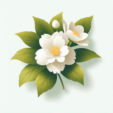 Jasmine flowers with green leaves on white background. Vector illustration.のイラスト素材