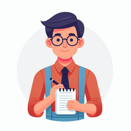 Young man in glasses holding a notebook. Vector illustration in a flat style