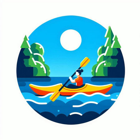 Kayaking in the river. Flat style vector illustration on white background.のイラスト素材