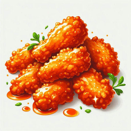 Illustration of fried chicken wings with sauce on a white background.のイラスト素材