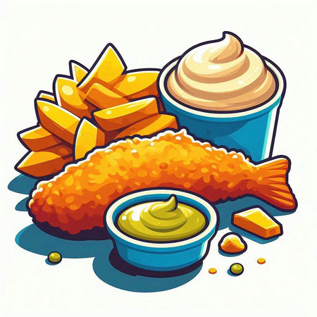 Fried fish and chips with mayonnaise. Vector illustration.のイラスト素材