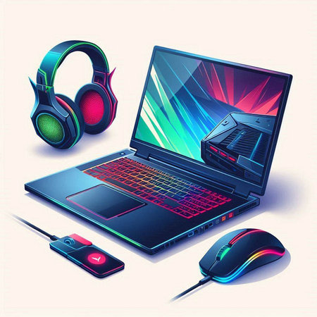 Laptop with headphones and mouse. Vector illustration of a laptop.のイラスト素材