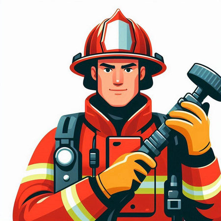 Firefighter with a mobile phone in his hand. Vector illustration.のイラスト素材