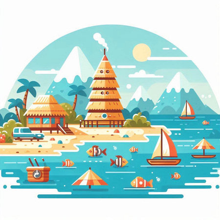 Tropical beach with palm trees, bungalows, boats and fish. Vector illustration.のイラスト素材