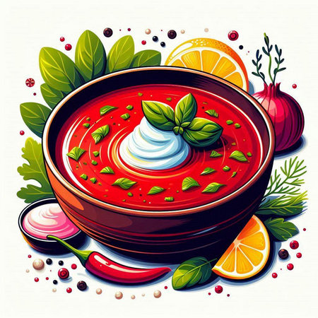 Vector illustration of a bowl of tomato soup garnished with basil and lemonのイラスト素材