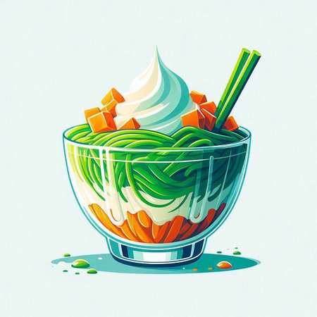 Illustration of a bowl of noodles with whipped cream and chopsticksのイラスト素材