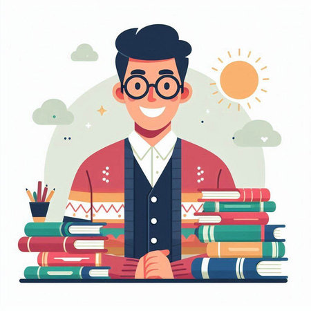 Vector illustration of a happy young man in glasses sitting at a pile of booksのイラスト素材