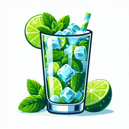 Mojito cocktail with ice cubes and mint leaves. Vector illustrationのイラスト素材