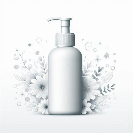 White cosmetic bottle with floral elements on white background. Vector illustration.のイラスト素材