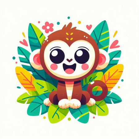 Cute cartoon monkey with flowers and leaves. Vector illustration in flat style.