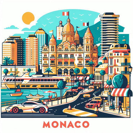 Monaco skyline with famous landmarks and streets. Vector illustration in flat styleのイラスト素材