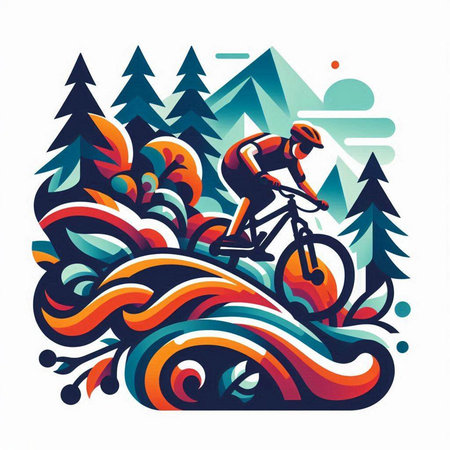 Cyclist in the mountains. Colorful vector illustration on white background.のイラスト素材