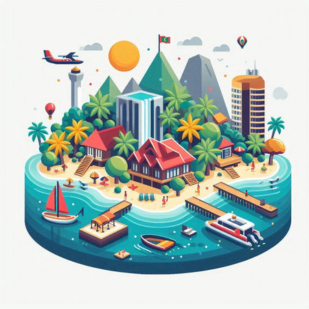 Isometric tropical island with boats, palm trees, yachts and buildingsのイラスト素材