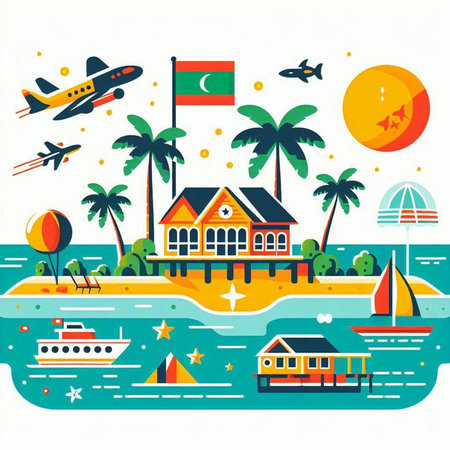 Travel and vacation concept. Vector illustration in flat design style. Landscape with palm trees, houses, airplane, ship, boat, sun, ship, lighthouse.のイラスト素材