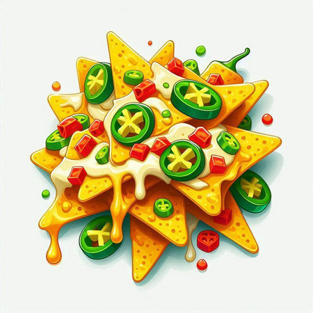 Illustration of nachos with melted cheese and vegetables on white backgroundのイラスト素材
