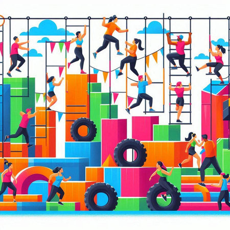 People running on colorful bar chart, flat vector illustration. Teamwork concept