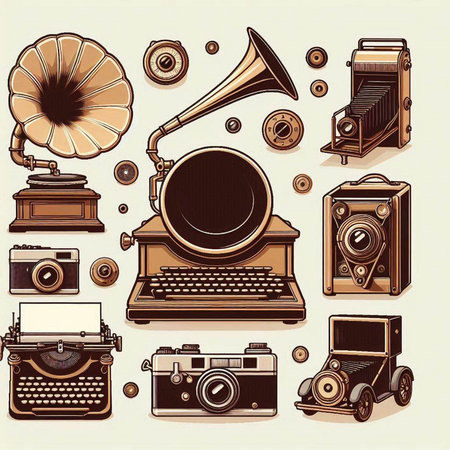 Vector set of vintage objects. Illustration of a typewriter, gramophone, gramophone, gramophone.のイラスト素材