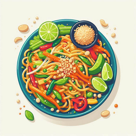 Vector illustration of a dish of Chinese noodles with vegetables and spices.のイラスト素材