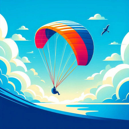 Paraglider flying in the sky. Vector illustration of a paraglider flying over the sea.