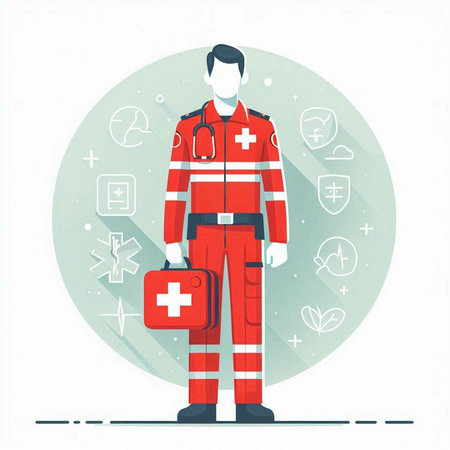 Vector illustration of a doctor in a medical uniform with a first aid kit.のイラスト素材