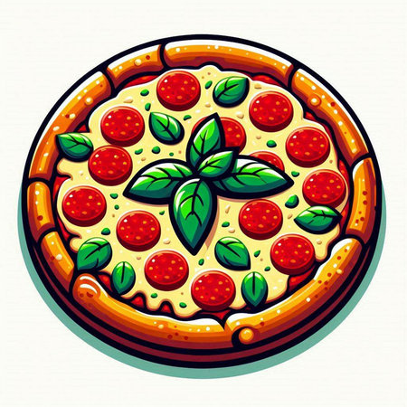 Pizza with pepperoni, mozzarella and basil. Vector illustrationのイラスト素材