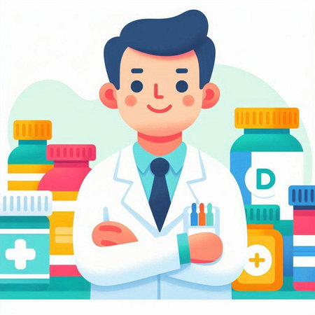 Doctor with a lot of medicines. Vector illustration in cartoon style.のイラスト素材