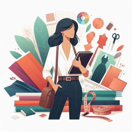Vector illustration of a fashion designer with a sketchbook in her hands.のイラスト素材