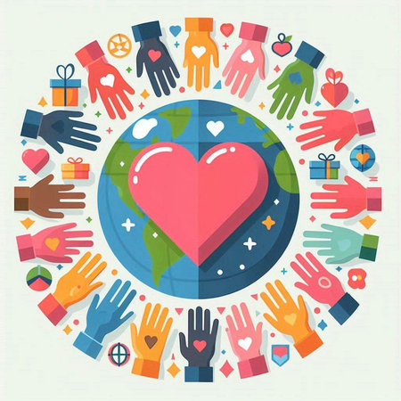 Heart in the hands of people around the globe. Vector illustration.のイラスト素材