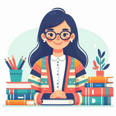 Cute girl sitting at the desk with books. Vector illustration.のイラスト素材